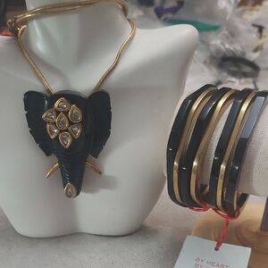 Gold Plated  Black Horn Elphant and Bracelets.
